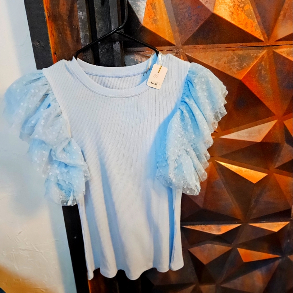 Women's Ruffle Lace Sleeve Baby Blue Top